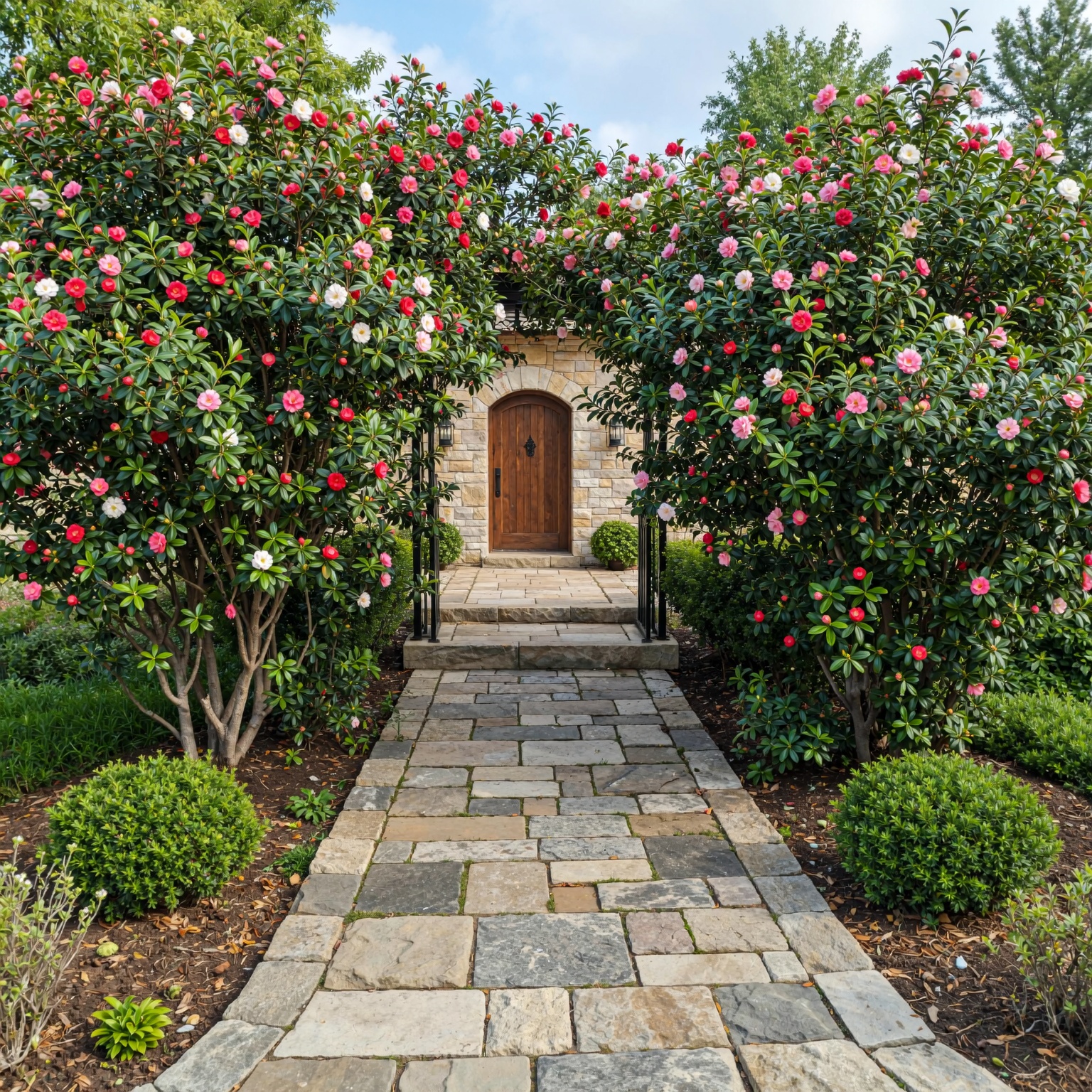 Camellias lining entryway walkway - camellia landscaping