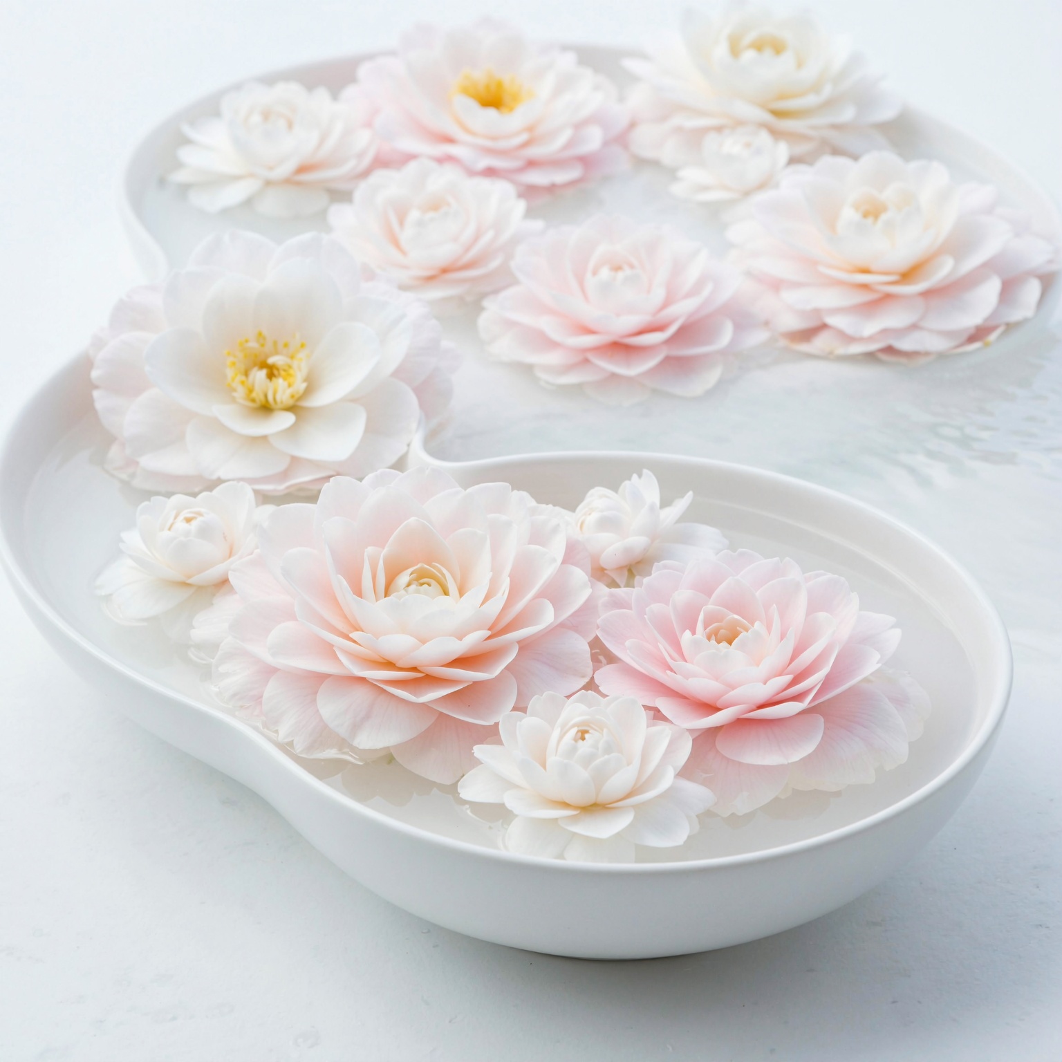 Camellia blooms floating in shallow bowls of water for holiday decoration - camellia maintenance
