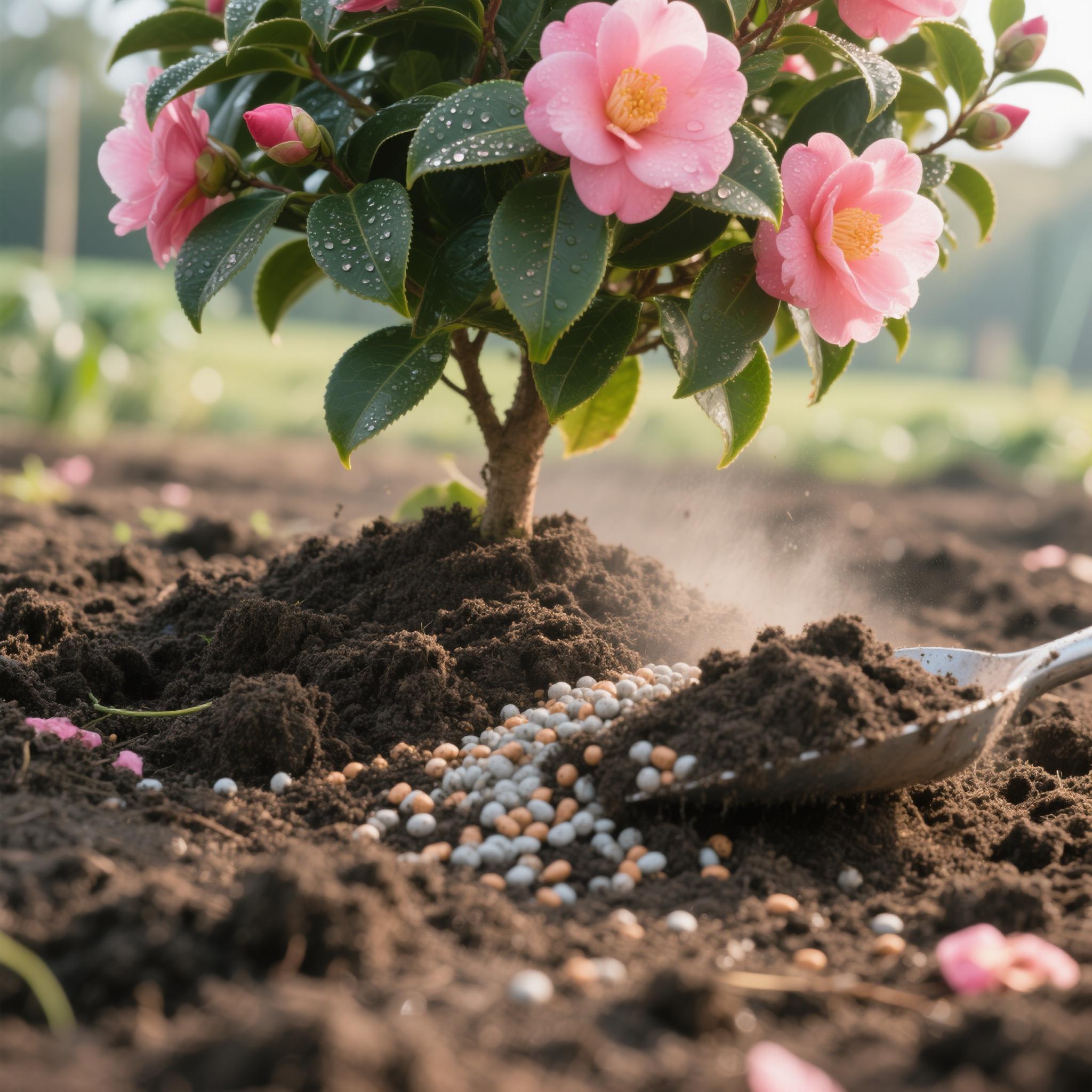 Fertilizer spreading on soil around a camellia bush - camellia maintenance