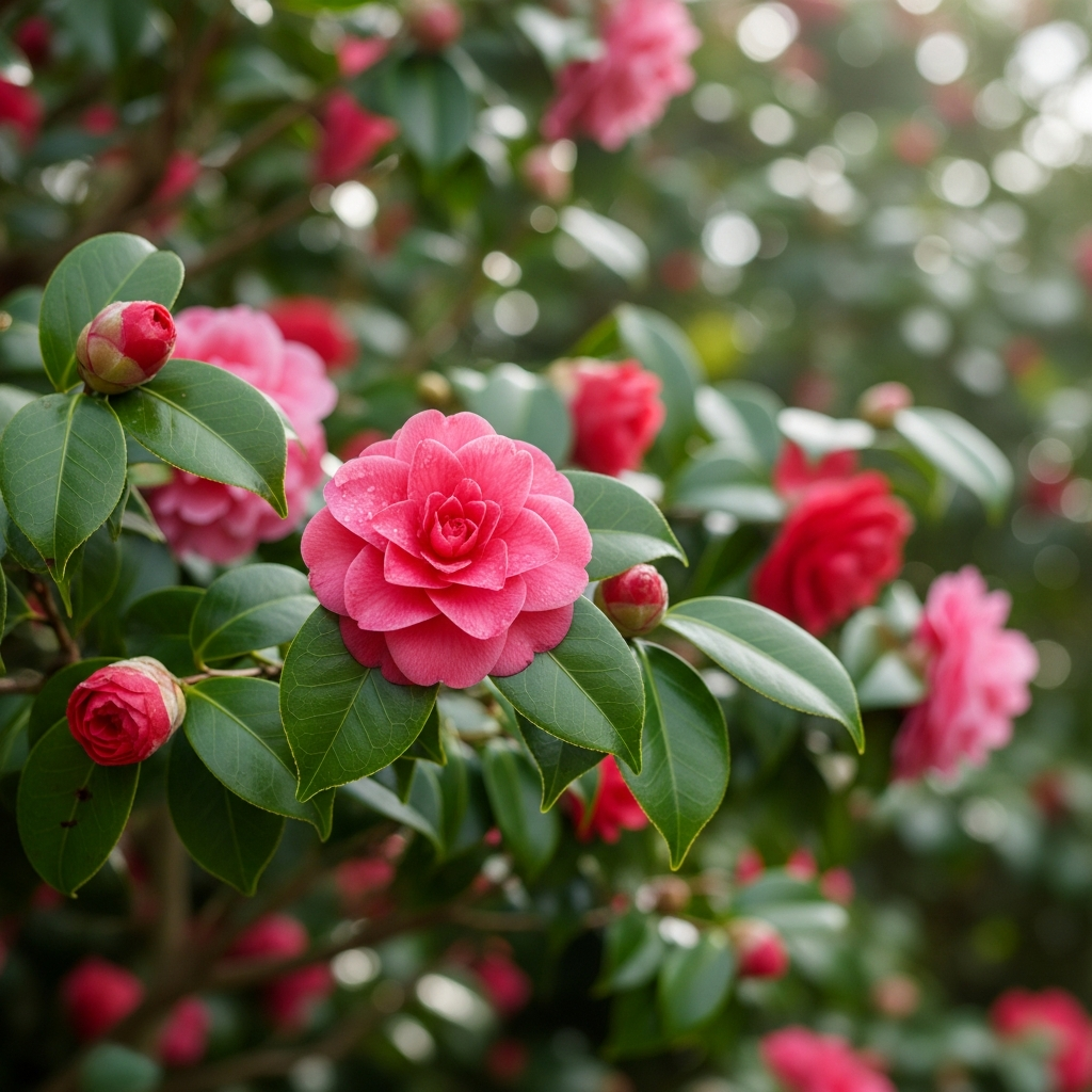 Mature camellia garden with proper camellia maintenance - camellia maintenance
