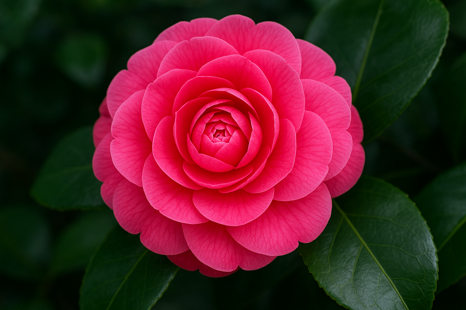 A lush, vibrant pink camellia flower in full, perfect bloom, its delicate petals softly unfurled against a backdrop of deep, glossy emerald green leaves. The flower sits in soft, diffused natural light, showcasing intricate petal layers and rich color saturation, with a crisp, detailed botanical pho