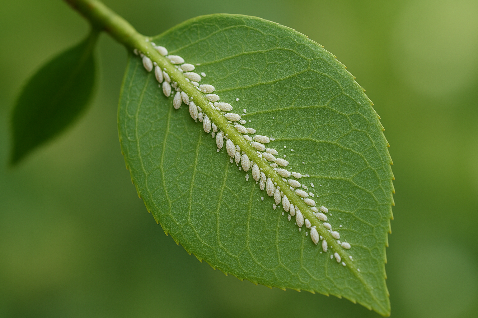 A close-up photograph of a camellia leaf with tiny white scale insects clustered along its underside, showing delicate green leaf texture with small, almost microscopic pale insects attached, creating a detailed macro view of the subtle pest invasion against a soft, blurred green garden background.