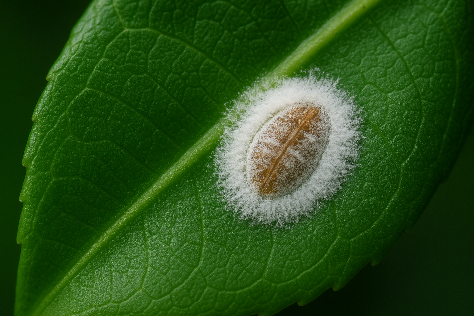 Detailed close-up photograph of a vibrant green camellia leaf, focusing on the intricate tea scale insect nestled on its underside, with a delicate white waxy coating creating a soft, textural contrast against the leaf's rich emerald surface, showcasing the minute details of botanical microcosm in s