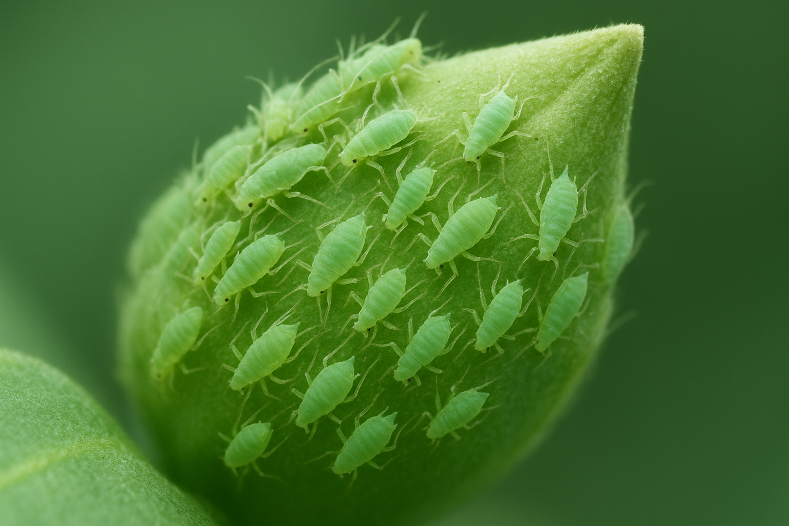 Macro photography of tiny pale green insects clustered densely on a delicate, soft-edged camellia leaf bud, showcasing intricate natural textures and soft botanical details with crisp, detailed focus and subtle green color gradients.