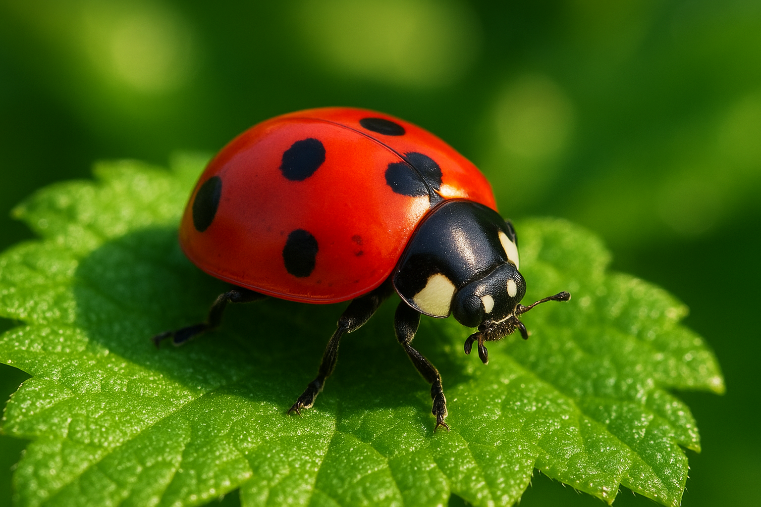 A vibrant red ladybug with distinctive black spots perched delicately on a bright emerald green leaf, with soft natural sunlight filtering through the foliage, creating a detailed macro photography scene that captures the intricate textures of the insect and plant surface.