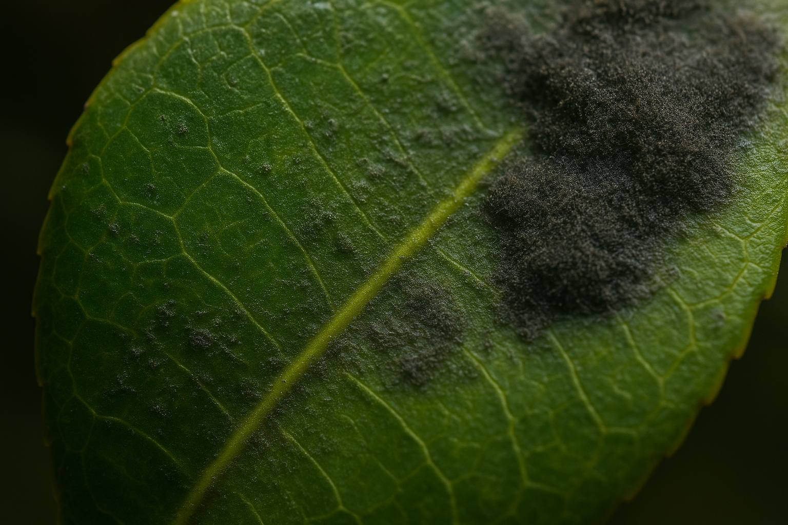 Close-up macro photograph of a delicate green camellia leaf with intricate surface details, partially obscured by dark gray-black fuzzy mold patches spreading across its surface, revealing subtle textures of plant disease and organic decay in rich botanical detail, soft natural lighting highlighting