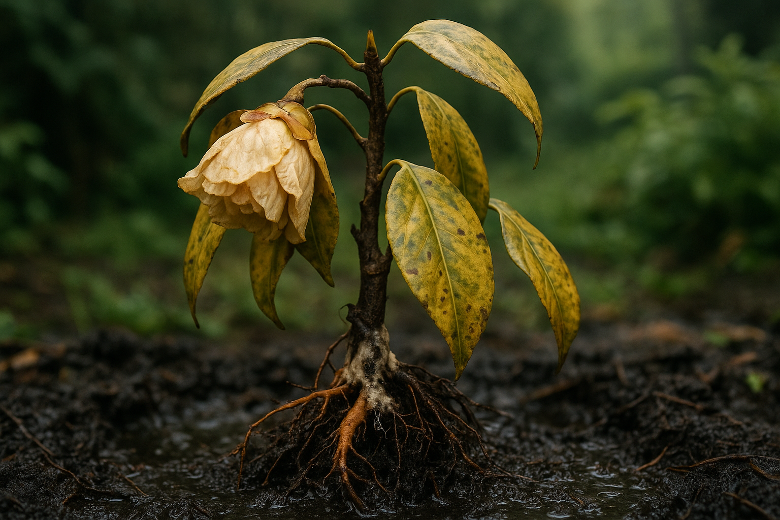 A close-up of a wilting camellia plant with yellowing, drooping leaves, its roots partially exposed in dark, waterlogged soil, showing signs of decay and fungal infection, with a blurred background of a lush garden setting suggesting moisture and poor drainage conditions.