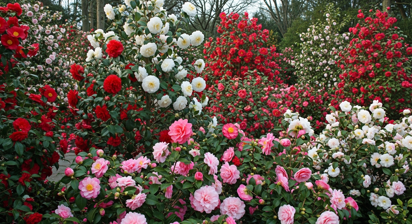 A stunning garden scene showcasing three distinct types of camellia bushes in full bloom across different seasons, creating a magnificent display that spans nearly six months of flowering. In the foreground, elegant Sasanqua camellias display their delicate, smaller blooms in soft pink and white hues during the early winter months, their petals glistening with morning dew. The middle ground features robust Japonica camellias with their iconic large, full-bodied flowers in deep reds, pristine whites, and vibrant pinks, creating dramatic splashes of color against the dark green foliage. In the background, additional camellia varieties extend the blooming season, their flowers ranging from pale blush tones to rich crimson, creating a layered tapestry of colors and textures. The garden setting is lush and well-maintained, with dappled sunlight filtering through overhead branches, casting gentle shadows on the glossy camellia leaves and highlighting the waxy, sculptural quality of the blooms at various stages of opening from tight buds to fully unfurled flowers.