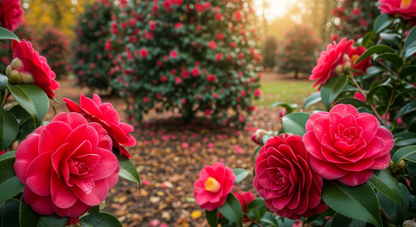 A stunning garden scene showcasing early-blooming camellia flowers in their peak autumn glory, with vibrant Sasanqua camellias displaying brilliant red and burgundy blooms against dark green glossy foliage. The foreground features close-up views of delicate camellia flowers with their characteristic layered petals in deep crimson and sparkling burgundy hues, some flowers fully opened while others show tight buds ready to bloom. The garden setting captures the essence of late fall with golden autumn light filtering through the scene, creating a warm glow on the waxy camellia leaves and highlighting the rich texture of the flower petals. In the background, mature camellia bushes create a lush backdrop with their dense, evergreen foliage dotted with numerous colorful blooms, while fallen autumn leaves from nearby trees carpet the ground in shades of amber and brown. The composition emphasizes the contrast between the vibrant, fresh camellia flowers and the seasonal autumn atmosphere, with morning dew visible on some petals and soft, diffused lighting that enhances the natural beauty of these early-season flowering shrubs.