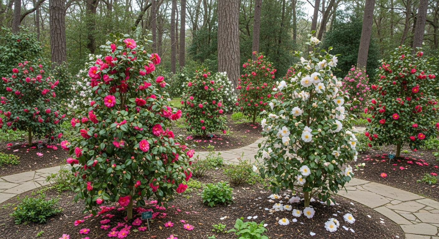 A serene garden scene showcasing a carefully planned camellia collection in various stages of seasonal bloom, with different varieties of camellia bushes strategically positioned throughout a well-designed landscape. The foreground features mature camellia plants with glossy dark green foliage, some displaying vibrant pink and red blooms characteristic of winter flowering varieties, while others show the delicate white and pale pink blossoms of spring-blooming cultivars. The garden demonstrates thoughtful planning with camellias planted in partially shaded areas under tall trees, creating dappled sunlight filtering through the canopy above. The soil appears rich and well-mulched around each plant, indicating proper growing conditions, while a winding stone pathway meanders through the garden allowing visitors to appreciate the succession of blooms from different seasons. The background shows additional camellia specimens in various growth stages, some with buds preparing to open, others in full flower, creating a tapestry of seasonal color that spans from autumn through spring in this expertly curated camellia garden sanctuary.
