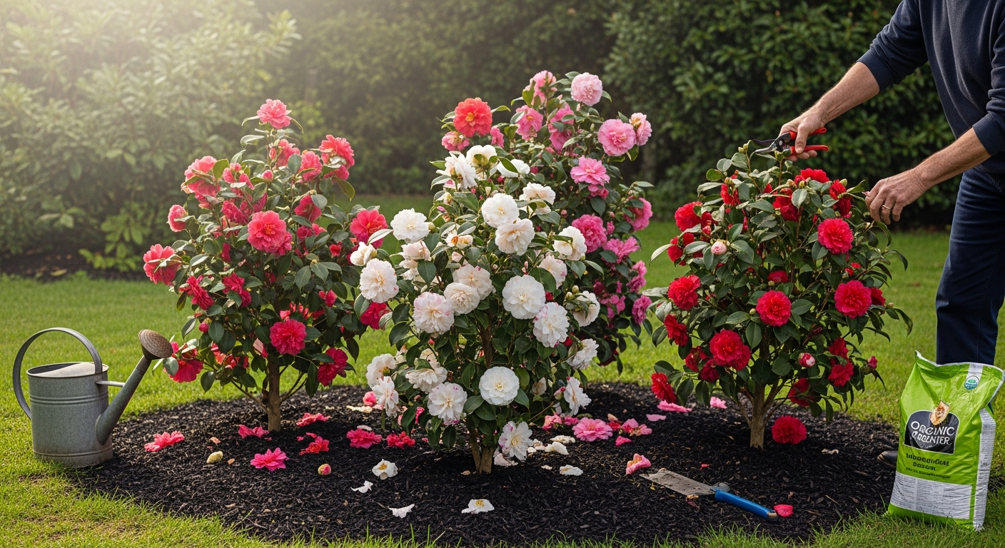 A serene garden scene showcasing vibrant camellia bushes in full bloom, with clusters of elegant pink, red, and white camellia flowers displaying their characteristic layered petals and glossy dark green foliage. A gardener's hands are gently tending to the plants, pruning dead blooms and applying mulch around the base of the shrubs, demonstrating proper care techniques. The setting features a well-maintained garden bed with rich, dark soil and scattered gardening tools including pruning shears, a watering can, and organic fertilizer nearby. Soft morning sunlight filters through the scene, creating dappled shadows on the ground and highlighting the lustrous texture of the camellia leaves and the delicate, almost porcelain-like quality of the blooms. The composition captures both the natural beauty of these ornamental flowering shrubs and the attentive care required to maintain their health and encourage abundant flowering throughout their blooming season.