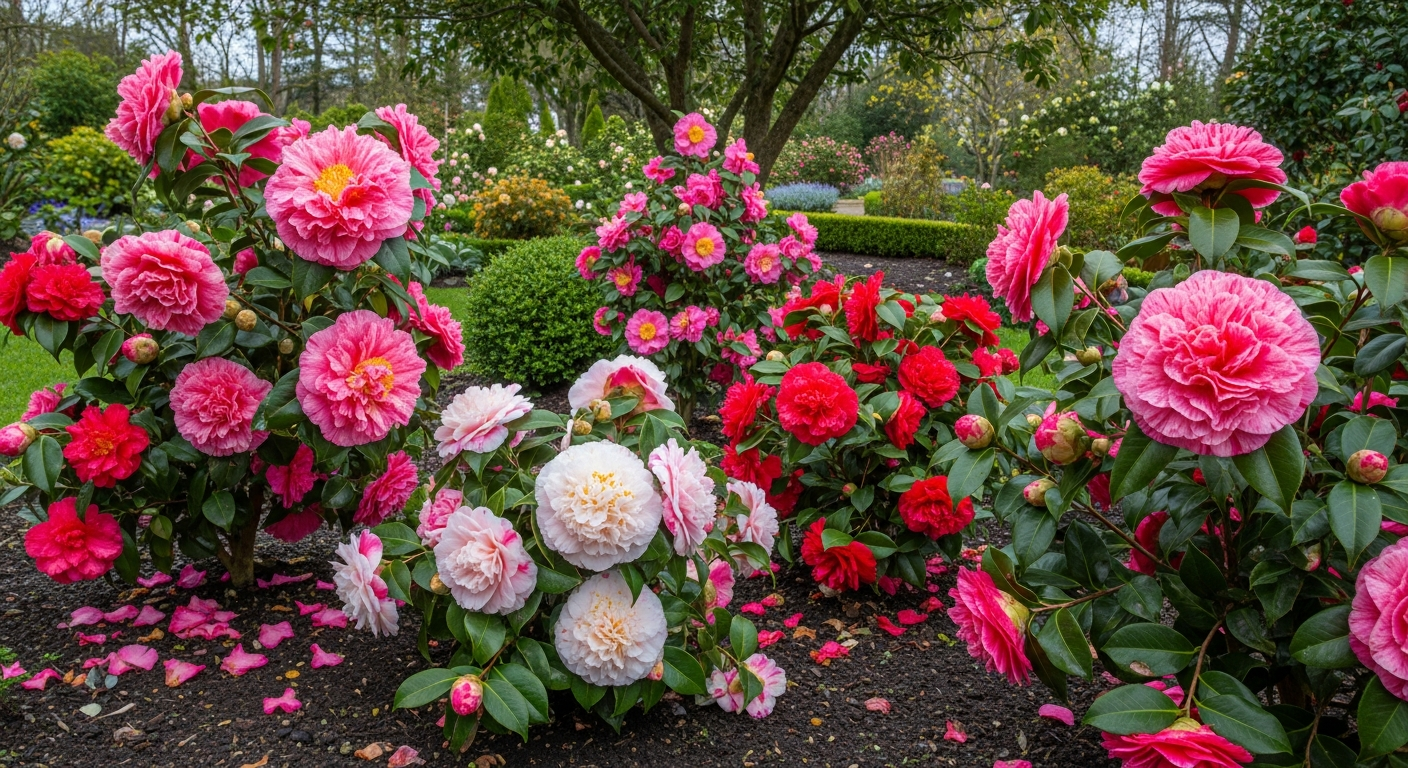 A stunning garden scene showcasing magnificent camellia bushes in their late-season blooming glory, with large, ruffled pink, red, and white flowers creating a spectacular floral display against dark green glossy foliage. The camellias are planted in a well-maintained garden setting with rich, dark soil and dappled sunlight filtering through overhead tree branches, casting gentle shadows on the blooms. Some camellia flowers are in full bloom showing their layered petals and prominent yellow centers, while others display various stages of opening buds, creating a dynamic composition of textures and colors. The scene captures the essence of a grand finale to the blooming season, with fallen petals scattered on the ground beneath the bushes, and morning dewdrops glistening on the flower surfaces. The garden setting includes other complementary plants and shrubs in the background, creating depth and showcasing how camellias serve as stunning focal points in landscape design.