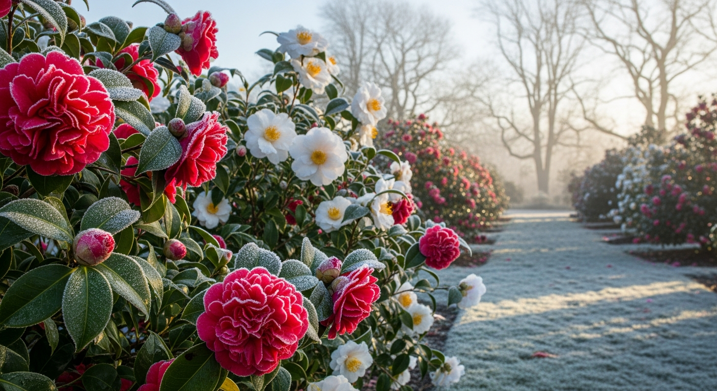 A stunning winter garden scene showcasing vibrant camellia flowers blooming in succession throughout the cold months, with different varieties displaying their peak colors from early winter through late winter. The composition features multiple camellia bushes and trees at various stages of bloom, from deep red and pink blossoms in the foreground to white and coral-colored flowers in the middle ground, creating a natural progression of seasonal flowering. Morning frost glistens on dark green glossy camellia leaves while delicate petals remain pristine against the crisp winter air, with some varieties showing full, rose-like double blooms while others display simple, elegant single flowers. The background reveals a misty winter landscape with bare deciduous trees creating a stark contrast to the lush, evergreen camellia foliage, while soft winter sunlight filters through the scene, illuminating the waxy petals and creating gentle shadows on the garden path below. The overall atmosphere captures the remarkable beauty of these winter-blooming specimens providing essential color during the dormant season, with dewdrops catching the light and emphasizing the flowers' natural resilience against winter's chill.