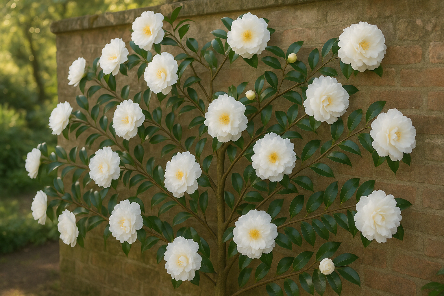 A magnificent Setsugekka camellia bush in full bloom displays dozens of large, pristine white semi-double flowers with delicately ruffled petals that catch the soft morning light. The elegant blooms are scattered across the dark green evergreen foliage, creating a stunning contrast between the pure white petals and the glossy, deep green leaves. The camellia is trained as an espalier against a weathered brick garden wall, its branches carefully arranged in a graceful fan pattern that showcases the abundant flowering display. Some flowers are fully opened revealing their layered, ruffled petals and golden centers, while others remain as plump buds ready to unfurl. The garden setting includes dappled sunlight filtering through nearby trees, creating gentle shadows that enhance the three-dimensional quality of the ruffled blooms and highlight the plant's vigorous, healthy growth habit.
