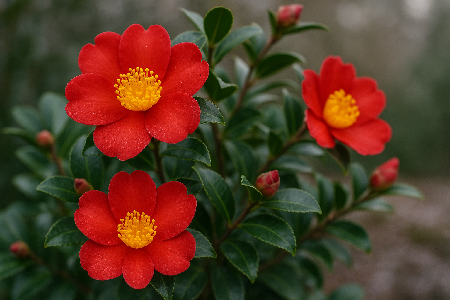 A stunning close-up view of vibrant Yuletide camellia flowers in full bloom, showcasing brilliant fiery-red single petals with prominent bright yellow stamens creating a striking contrast at the center of each flower. The blooms are captured on a compact, densely-foliaged camellia bush with glossy dark green leaves providing a rich backdrop to the scarlet blossoms. Multiple flowers are visible at different stages of bloom, some fully opened displaying their simple, elegant form while others show buds ready to unfurl. The scene is set in a winter garden setting with soft, diffused natural lighting that enhances the jewel-like quality of the red petals and makes the golden stamens appear to glow. The composition emphasizes the festive, holiday-appropriate colors of deep red and bright yellow against the evergreen foliage, with dewdrops or light frost visible on some petals suggesting the cool December blooming season.