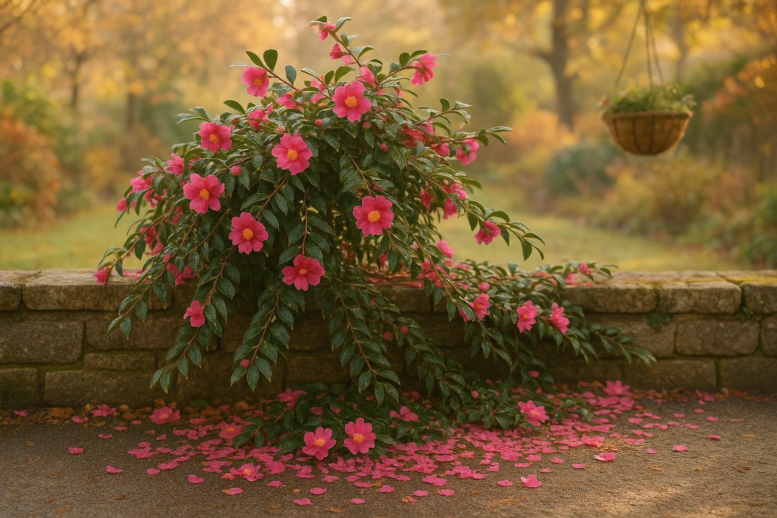 A stunning low-growing camellia shrub cascading gracefully over a stone garden wall in late autumn, displaying an abundance of vibrant hot pink semi-double flowers with delicate, layered petals. The plant's drooping, waterfall-like branches create a natural curtain effect as they spill downward, covered in glossy dark green foliage that provides a rich contrast to the bright blooms. The scene captures the golden light of late autumn filtering through the garden, illuminating the camellia's prolific flowering display against a backdrop of muted autumn colors and weathered stone textures. Some branches extend toward hanging baskets nearby, while others spread along the ground as natural ground cover, creating a carpet of pink blossoms. The overall composition emphasizes the plant's cascading growth habit and the striking beauty of its hot pink flowers blooming abundantly in the crisp autumn air, with dew drops glistening on the petals and leaves in the soft morning light.