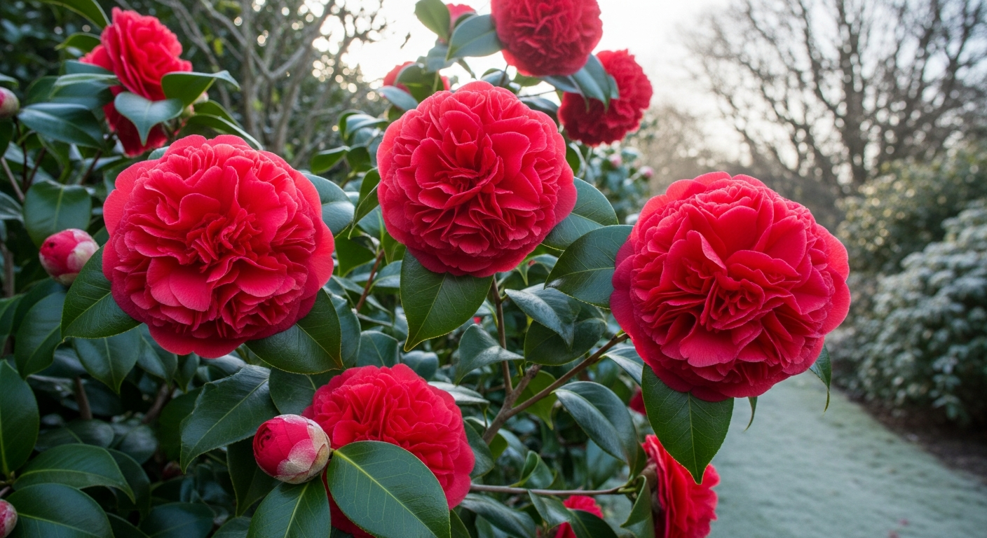 A magnificent camellia bush in full mid-winter bloom, showcasing enormous peony-style flowers in deep, rich crimson red that appear almost velvety in texture. The spectacular blooms are densely layered with multiple rows of ruffled petals, creating dramatic focal points against the dark green, glossy foliage. Snow or frost may be visible on surrounding garden elements, emphasizing the remarkable winter flowering nature of this vigorous plant. The scene captures the striking contrast between the bold red flowers and the dormant winter landscape, with morning light filtering through to highlight the luxurious texture and intense color saturation of the blooms. The composition shows the full majesty of this showstopping camellia variety, with several large flowers at various stages of opening displayed prominently on sturdy branches.