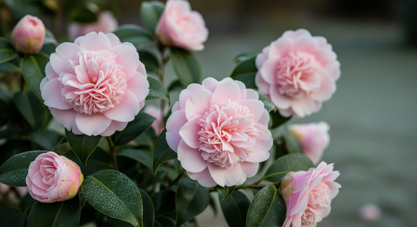 A graceful camellia shrub in full bloom during late winter, featuring elegant semi-double flowers with pale blush-pink petals that have a delicate, refined appearance. The flowers display a distinctive waterlily or magnolia-like shape with soft, layered petals that create a sophisticated and ethereal quality. The shrub stands in a serene winter garden setting with subtle frost or morning dew glistening on the dark green, glossy camellia leaves. Soft, diffused natural lighting illuminates the pale pink blooms against the muted tones of the dormant winter landscape, creating a striking contrast between the delicate flowers and the stark seasonal backdrop. The composition captures the elegant refinement of these sophisticated blooms as they emerge during the cold months, with multiple flowers visible at various stages of opening. The overall scene conveys a sense of grace and botanical beauty, with the pale blush-pink petals appearing almost luminous against the darker winter foliage and subdued garden environment.