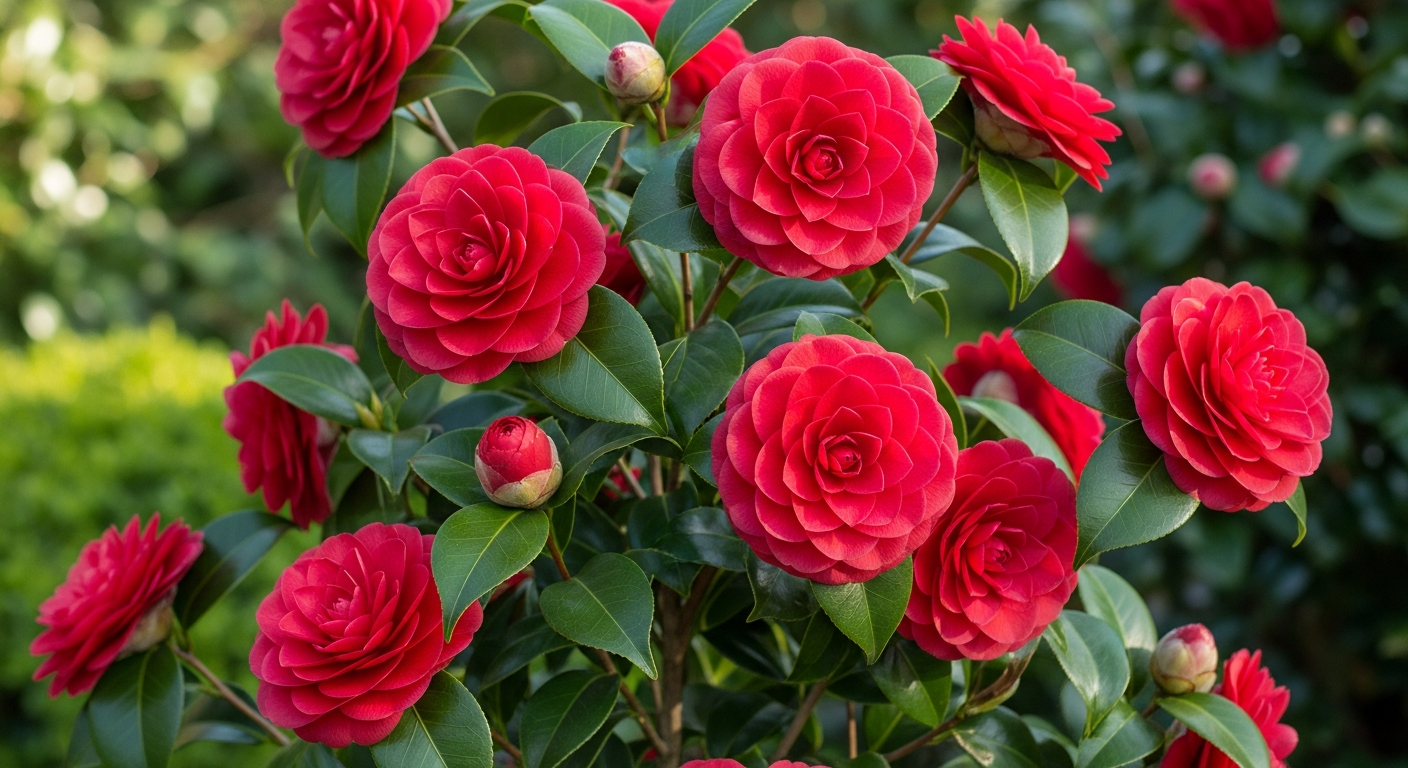 A stunning camellia bush displaying deep burgundy-red blooms with perfectly layered, tiered petals arranged in formal rose-like formations across dark green glossy foliage. The elegant flowers showcase rich crimson coloration with velvety texture, each bloom featuring multiple rows of symmetrical petals that create a sophisticated, formal appearance. The upright growing shrub stands in a well-manicured garden setting with neat landscaping, demonstrating its compact growth habit perfect for smaller garden spaces. Morning sunlight filters through the scene, highlighting the lustrous dark green leaves and casting gentle shadows that emphasize the dramatic contrast between the deep red blooms and verdant foliage. Several flowers are captured at different stages of bloom throughout the months, showing the plant's extended flowering period with some buds just opening while mature flowers display their full splendor.
