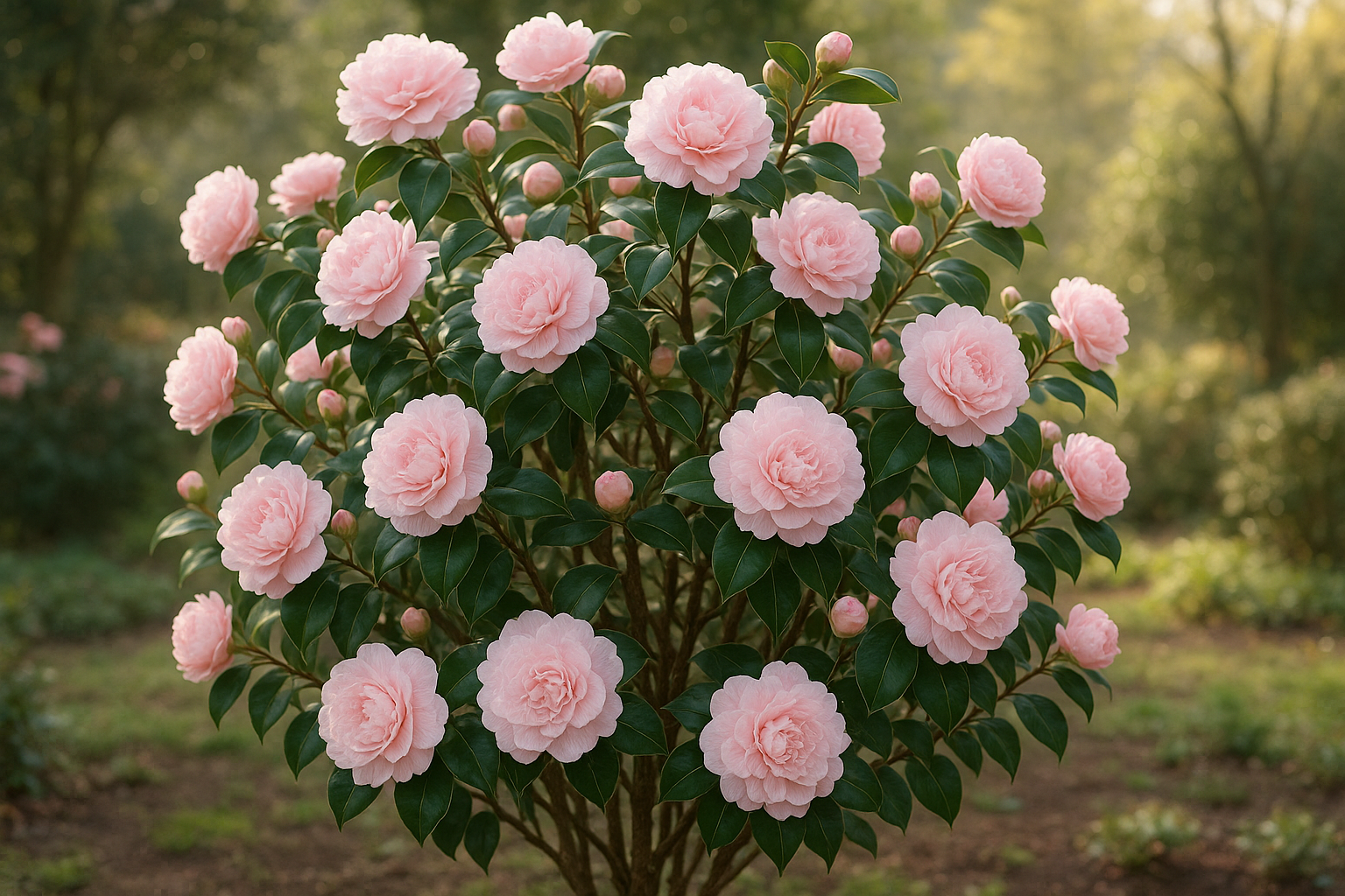 A magnificent camellia shrub in full bloom during late winter, showcasing dozens of large, delicate light pink flowers that closely resemble luxurious peonies with their layered, ruffled petals. The vigorous plant displays an upright, well-structured growth habit with glossy dark green oval leaves creating a rich backdrop for the abundant blooms. Morning sunlight filters through the garden, casting a soft glow on the pale pink petals which show subtle gradations from nearly white centers to deeper rose-pink edges. The camellia stands as a stunning specimen plant in a carefully maintained garden setting, with some flowers in perfect full bloom while others show various stages of opening, from tight buds to fully unfurled blossoms. The scene captures the early blooming season's magic, with the plant's robust branching structure clearly visible through the foliage, demonstrating its suitability as both an ornamental hedge and a striking standalone garden feature.
