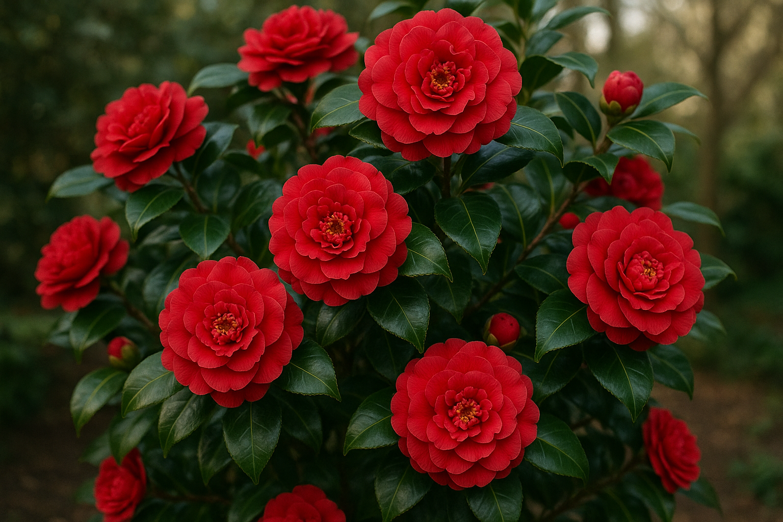 A magnificent camellia bush in full bloom displaying large, deep crimson red flowers with densely layered, ruffled petals that create a luxurious double-flower formation. The blooms feature slightly irregular, anemone-like centers with delicate stamens visible among the layered petals, giving each flower a beautifully imperfect, organic appearance. The dramatic red flowers are set against a backdrop of glossy, dark green foliage with leaves that have a lustrous, waxy sheen reflecting soft natural light. The camellia plant appears robust and healthy, with multiple blooms at various stages of opening scattered across the bush, some fully opened revealing their intricate petal structure while others remain as tight buds promising future displays. The scene captures the essence of late winter or early spring blooming, with the rich contrast between the vibrant red flowers and the deep emerald foliage creating a striking visual composition in a garden setting with dappled sunlight filtering through.