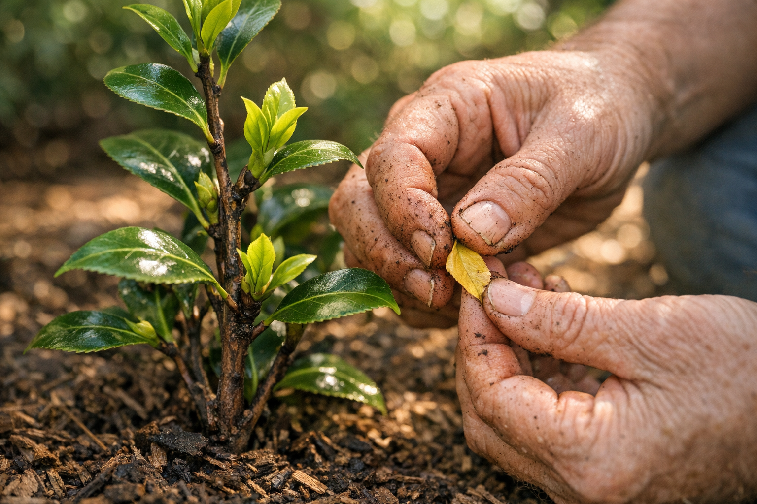 A weathered gardener's hands in motion, gently pinching off a small yellowed leaf from a newly transplanted camellia shrub in a backyard garden, the shrub showing the first tender flush of bright green new growth emerging from dark woody stems, captured mid-gesture with natural dappled morning light filtering through nearby trees, shallow depth of field keeping the delicate unfurling leaves sharp while the surrounding mulched soil softens behind, the dynamic freeze of the careful hand movement conveying patient restraint and attentive observation during the plant's recovery, shot close and low from a slight angle beside the shrub as if a gardening journalist crouched beside the plant to document this precise moment of assessment.