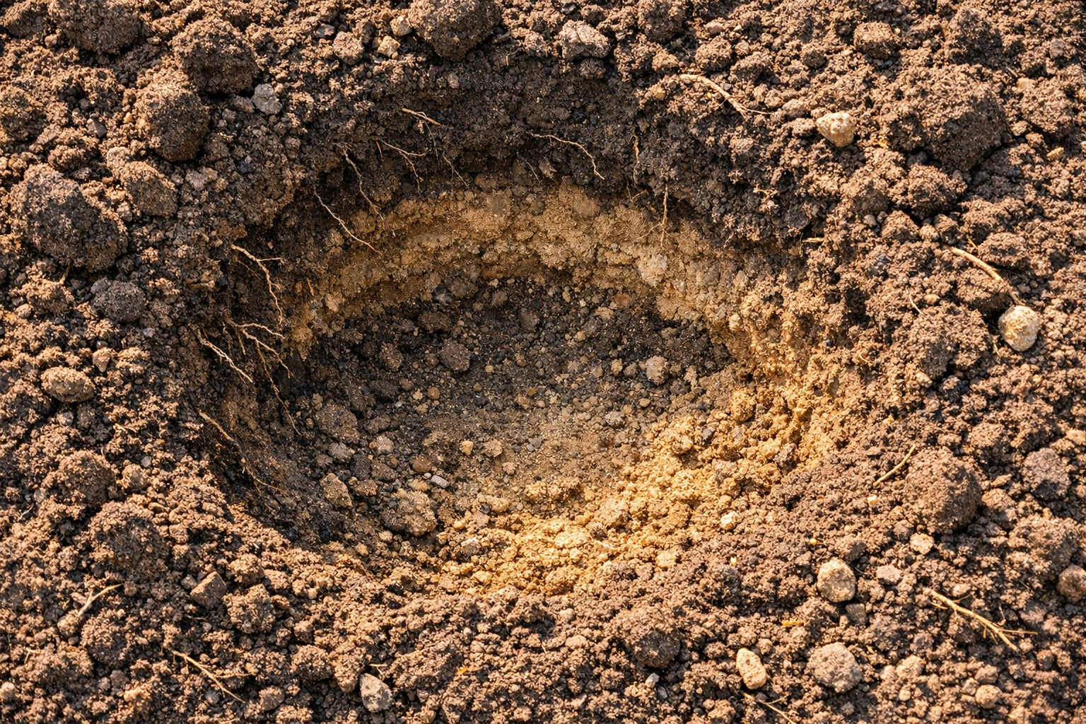 Close-up photograph of a freshly dug wide, shallow transplanting hole in dark garden soil, shot from directly above at a tight angle to fill the entire frame with the circular earthen opening. The hole's rough-edged walls reveal distinct layers of loosened soil — crumbling clods, pale sandy subsoil beneath rich dark topsoil, and fine root fragments from surrounding vegetation clinging to the broken earth. Natural afternoon light rakes across the textured soil surface, casting small shadows inside the cavity that emphasize its breadth over its depth. The surrounding loosened soil is visibly aerated and disturbed, with small clumps and granules scattered at the rim, conveying the deliberate preparation for lateral root expansion. No tools, no people, no plants — only the raw, tactile detail of prepared earth.