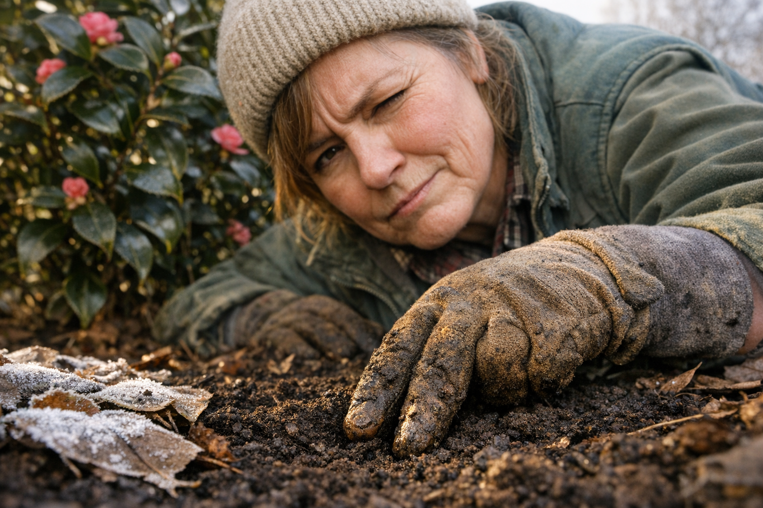 A middle-aged gardener in muddy work gloves crouches beside a camellia shrub in early morning light, pressing two fingers firmly into the dark soil to test its workability, her face caught in a candid sideways squint of concentration — half skeptical, half relieved — as she gauges whether the earth is soft enough to dig. The ground around her shows patches of frost on dead leaves nearby but the soil directly under her fingertips looks dark and yielding. Shot from a low angle at ground level, natural overcast winter light, authentic documentary-style photography, no text visible.