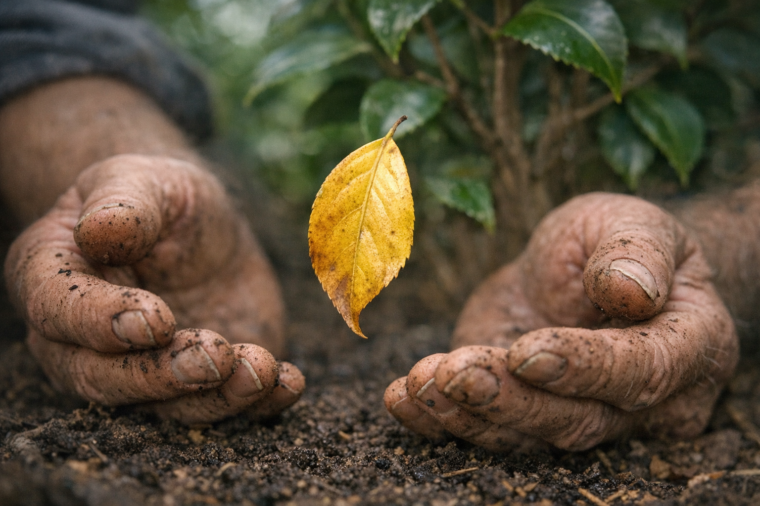 A gardener's weathered hands gently cradling a yellowed, drooping camellia leaf that is mid-fall from a recently transplanted camellia bush in a garden bed, the leaf caught in motion just inches from the soil, soft overcast natural light filtering through surrounding foliage, shallow depth of field with the falling leaf in sharp focus and the green shrub blurred behind it, shot at low angle close to the ground level, authentic documentary-style photography with no artificial staging.