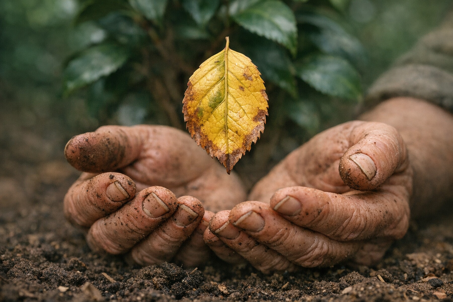 A gardener's weathered hands gently cradling a yellowed, drooping camellia leaf that is mid-fall from a recently transplanted camellia bush in a garden bed, the leaf caught in motion just inches from the soil, soft overcast natural light filtering through surrounding foliage, shallow depth of field with the falling leaf in sharp focus and the green shrub blurred behind it, shot at low angle close to the ground level, authentic documentary-style photography with no artificial staging.