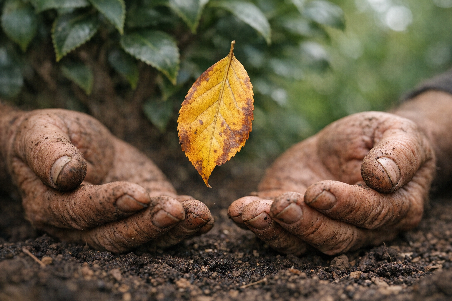 A gardener's weathered hands gently cradling a yellowed, drooping camellia leaf that is mid-fall from a recently transplanted camellia bush in a garden bed, the leaf caught in motion just inches from the soil, soft overcast natural light filtering through surrounding foliage, shallow depth of field with the falling leaf in sharp focus and the green shrub blurred behind it, shot at low angle close to the ground level, authentic documentary-style photography with no artificial staging.