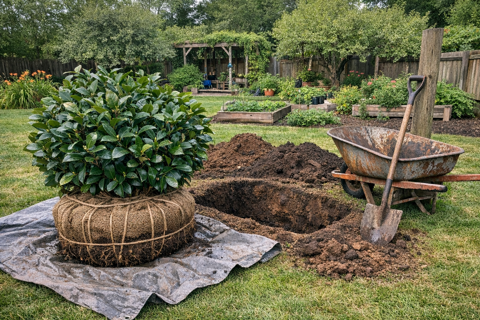 A wide shot of a large backyard garden scene where a mature camellia bush has just been lifted from a deep excavated hole in dark, moist soil, its substantial root ball wrapped in burlap and resting on a tarp spread across the lawn. The root ball is visibly intact and compact, bound tightly, contrasting with the gaping rectangular hole beside it and the scattered mounds of excavated earth. The surrounding garden is lush with established shrubs and dappled afternoon light filtering through overhanging trees, conveying the scale of the transplanting effort — the bush nearly waist-height, the hole wide and deep, the garden stretching broadly behind. A weathered wheelbarrow and a long-handled spade lean against a nearby fence post, adding authentic context. Natural overcast daylight, photographed from a standing distance of about fifteen feet to capture the full environmental scope of the operation.