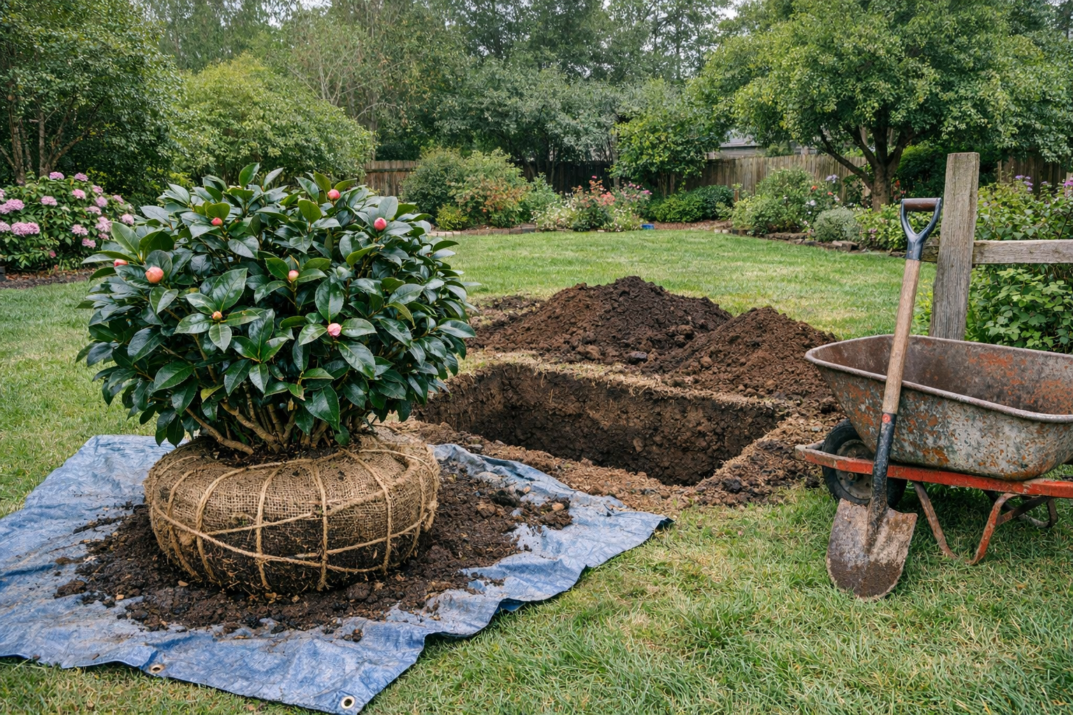 A wide shot of a large backyard garden scene where a mature camellia bush has just been lifted from a deep excavated hole in dark, moist soil, its substantial root ball wrapped in burlap and resting on a tarp spread across the lawn. The root ball is visibly intact and compact, bound tightly, contrasting with the gaping rectangular hole beside it and the scattered mounds of excavated earth. The surrounding garden is lush with established shrubs and dappled afternoon light filtering through overhanging trees, conveying the scale of the transplanting effort — the bush nearly waist-height, the hole wide and deep, the garden stretching broadly behind. A weathered wheelbarrow and a long-handled spade lean against a nearby fence post, adding authentic context. Natural overcast daylight, photographed from a standing distance of about fifteen feet to capture the full environmental scope of the operation.
