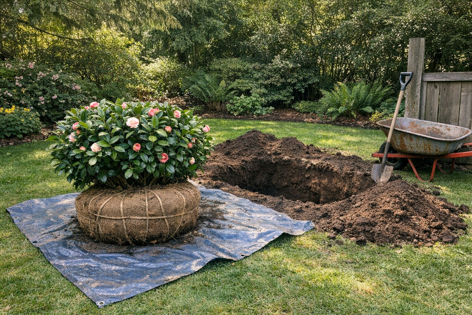 A wide shot of a large backyard garden scene where a mature camellia bush has just been lifted from a deep excavated hole in dark, moist soil, its substantial root ball wrapped in burlap and resting on a tarp spread across the lawn. The root ball is visibly intact and compact, bound tightly, contrasting with the gaping rectangular hole beside it and the scattered mounds of excavated earth. The surrounding garden is lush with established shrubs and dappled afternoon light filtering through overhanging trees, conveying the scale of the transplanting effort — the bush nearly waist-height, the hole wide and deep, the garden stretching broadly behind. A weathered wheelbarrow and a long-handled spade lean against a nearby fence post, adding authentic context. Natural overcast daylight, photographed from a standing distance of about fifteen feet to capture the full environmental scope of the operation.