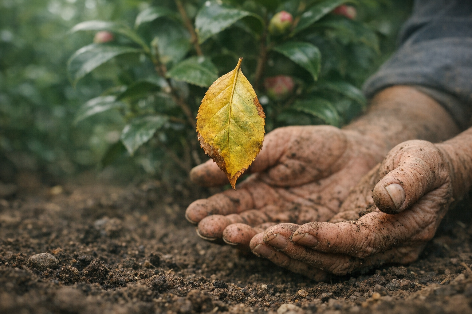 A gardener's weathered hands gently cradling a yellowed, drooping camellia leaf that is mid-fall from a recently transplanted camellia bush in a garden bed, the leaf caught in motion just inches from the soil, soft overcast natural light filtering through surrounding foliage, shallow depth of field with the falling leaf in sharp focus and the green shrub blurred behind it, shot at low angle close to the ground level, authentic documentary-style photography with no artificial staging.