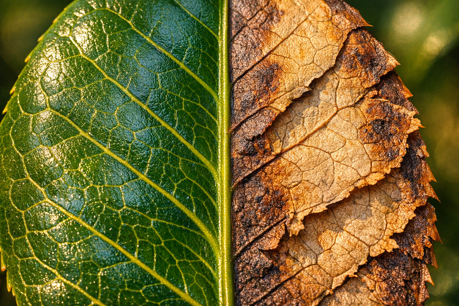 Extreme close-up macro photograph of a single camellia leaf showing sun scorch damage, the leaf surface filling the entire frame with crisp natural detail — one half of the leaf a deep glossy green with visible veining, the other half fading into dry, papery brown-edged burn marks where harsh sunlight has scorched the tissue. The texture contrast between the healthy waxy surface and the brittle, desiccated burned area is sharply rendered in soft afternoon sidelight filtering through a garden, casting subtle shadows that emphasize the leaf's surface topography. Shot with a shallow depth of field on a mirrorless camera, the kind of close detail image a gardening journalist would capture to illustrate sun damage on a transplanted specimen.