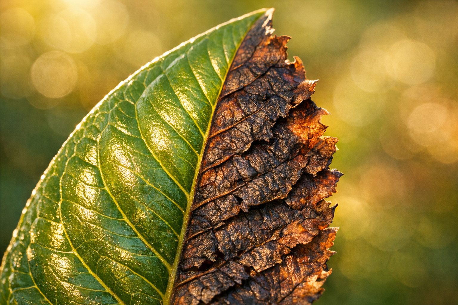 Extreme close-up macro photograph of a single camellia leaf showing sun scorch damage, the leaf surface filling the entire frame with crisp natural detail — one half of the leaf a deep glossy green with visible veining, the other half fading into dry, papery brown-edged burn marks where harsh sunlight has scorched the tissue. The texture contrast between the healthy waxy surface and the brittle, desiccated burned area is sharply rendered in soft afternoon sidelight filtering through a garden, casting subtle shadows that emphasize the leaf's surface topography. Shot with a shallow depth of field on a mirrorless camera, the kind of close detail image a gardening journalist would capture to illustrate sun damage on a transplanted specimen.