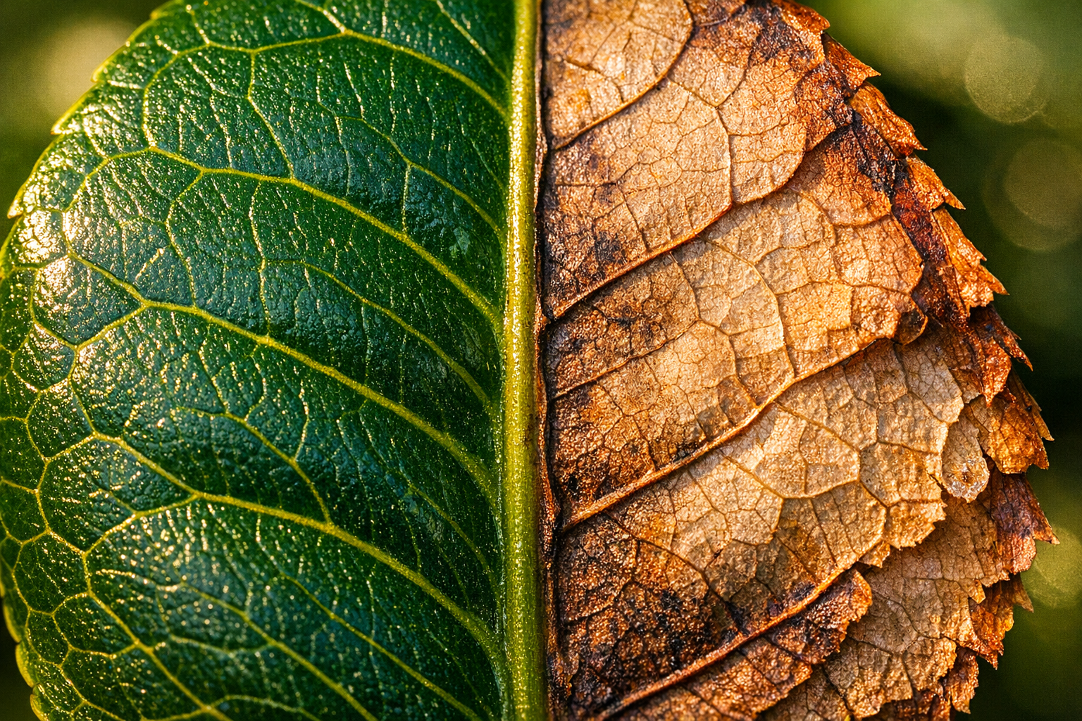 Extreme close-up macro photograph of a single camellia leaf showing sun scorch damage, the leaf surface filling the entire frame with crisp natural detail — one half of the leaf a deep glossy green with visible veining, the other half fading into dry, papery brown-edged burn marks where harsh sunlight has scorched the tissue. The texture contrast between the healthy waxy surface and the brittle, desiccated burned area is sharply rendered in soft afternoon sidelight filtering through a garden, casting subtle shadows that emphasize the leaf's surface topography. Shot with a shallow depth of field on a mirrorless camera, the kind of close detail image a gardening journalist would capture to illustrate sun damage on a transplanted specimen.