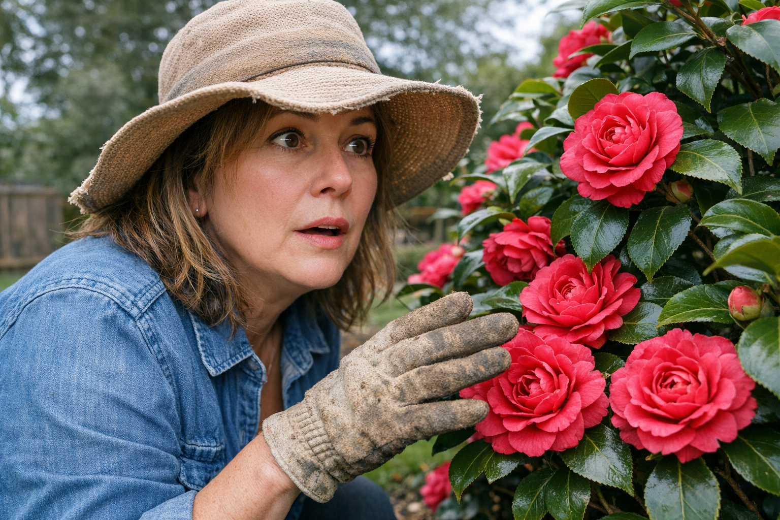 A middle-aged woman in a sun-faded gardening hat crouches beside a large, flowering camellia bush in a backyard garden, her face caught in a quiet moment of realization — eyes slightly widened, lips parted, one gloved hand hovering mid-air just above a cluster of deep pink blooms as if she's just noticed something important about the plant's condition. Soft overcast natural light filters through surrounding trees, casting even shadows across the garden bed. The shot is candid and close, captured from a low angle slightly to her side, emphasizing her spontaneous expression and the lush, healthy camellia filling the frame beside her.