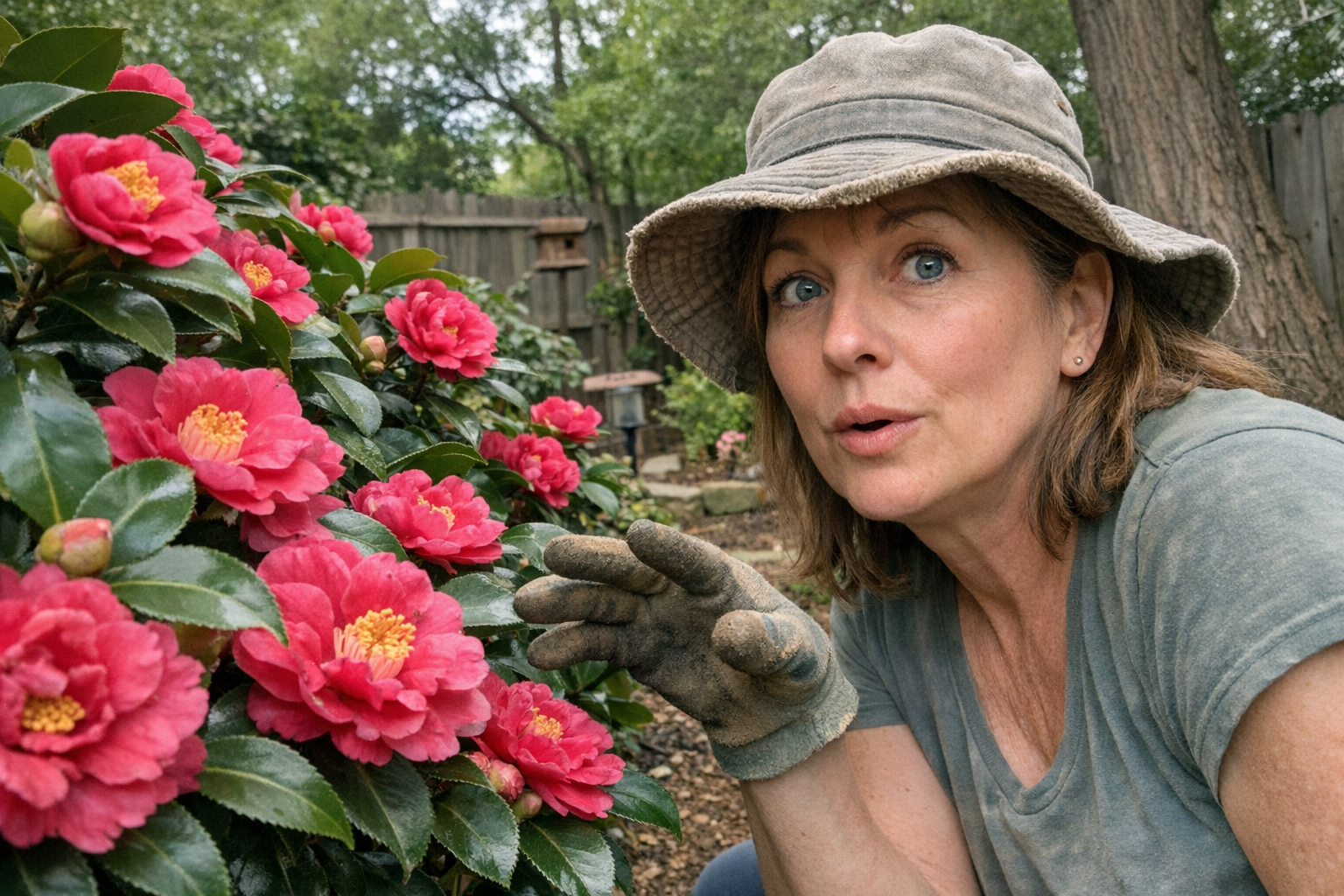 A middle-aged woman in a sun-faded gardening hat crouches beside a large, flowering camellia bush in a backyard garden, her face caught in a quiet moment of realization — eyes slightly widened, lips parted, one gloved hand hovering mid-air just above a cluster of deep pink blooms as if she's just noticed something important about the plant's condition. Soft overcast natural light filters through surrounding trees, casting even shadows across the garden bed. The shot is candid and close, captured from a low angle slightly to her side, emphasizing her spontaneous expression and the lush, healthy camellia filling the frame beside her.