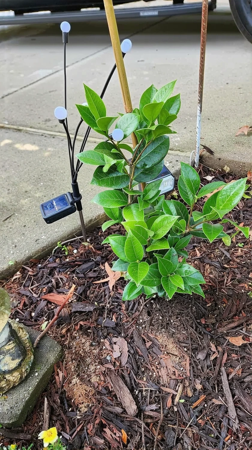 Customer photo of blooming camellia flowers with pink and white petals on green foliage